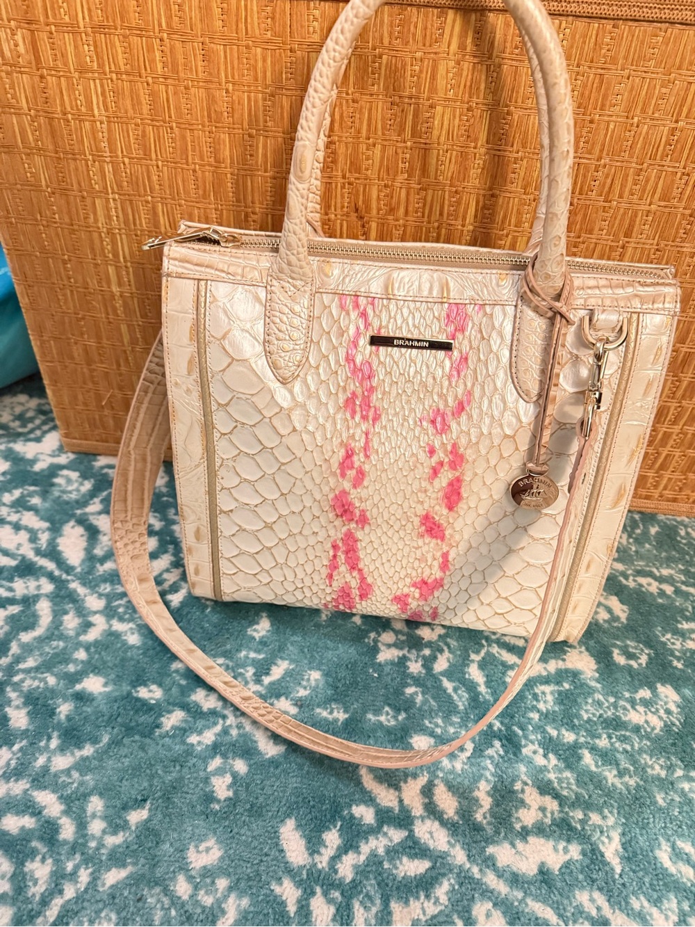 Brahmin Cream Tote with Pink Accent Snake-Texture